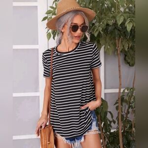 Black and White Striped Curved Hem Top